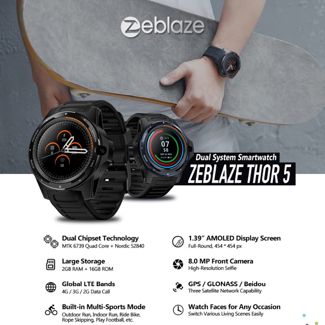 Zeblaze THOR 5 Çift Yonga Seti Teknolojosi Hibrid Akıllı Saat
