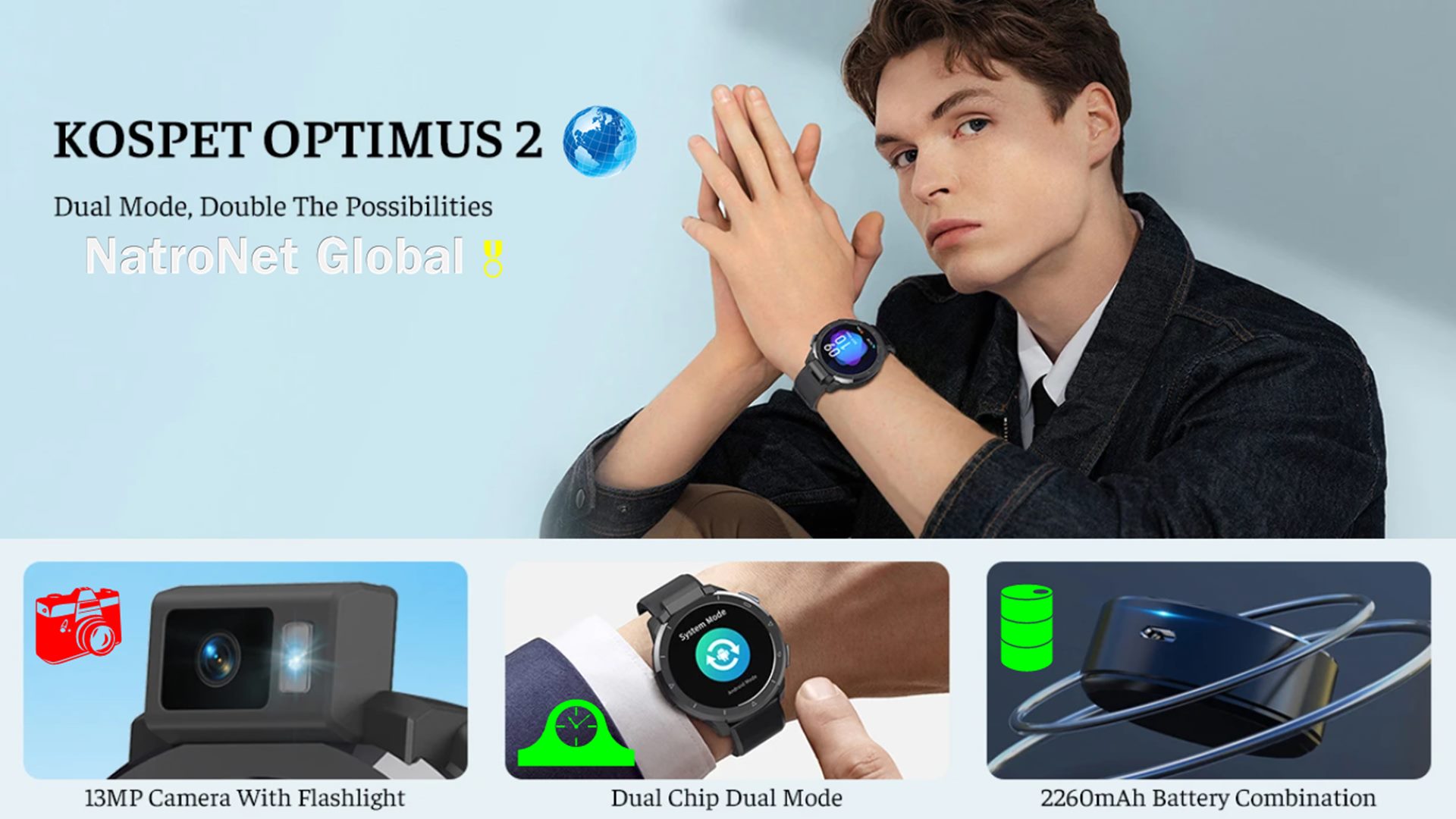 Dönebilen Flaşlı Kameralı KOSPET Optimus 2 Çift Modlu Çift Çip 4G+64G Sekiz Çekirdekli 4G-LTE ,GPS+Beidou Android 10.7 SpO2 Monitör Akıllı Saat+Akıllı Telefon