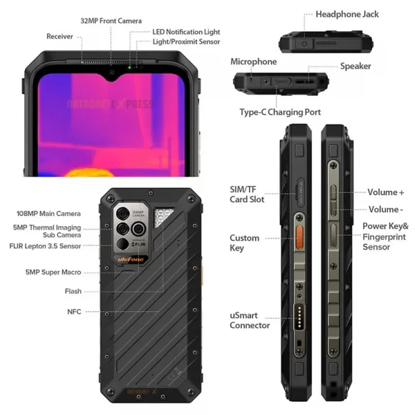 Ulefone Power Armor 18T Zırhlı Telefon Termal Kameralı FLIR®Boyut 900 5G 9600mAh 66 W