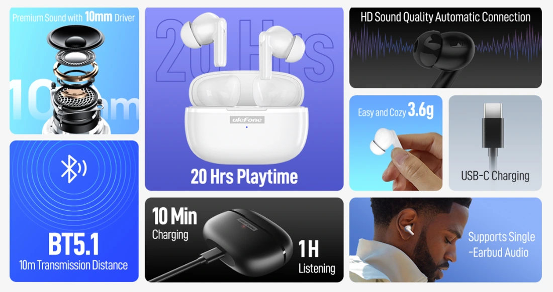 Ulefone Buds kablosuz Bluetooth kulaklık spor müzik kulak içi tüm akıllı telefonlar için uygun