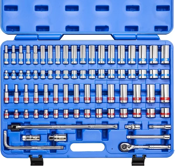 Neiko 02472A 3/8 İnç Tahrikli Renkli Mekanik Cırcır, Lokma Seti, 76 Parçalı Standart ve Derin SAE Boyutları 1/4" - 1" Metrik Boyutlar 6 mm - 24 mm