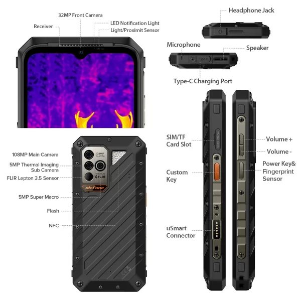 Ulefone Power Armor 18T Ultra 5G Zırhlı Telefon Termal Görüntü Kamerası 24 GB(12+12)+512 GB MTK Dimensity 7050 108 MP Kamera