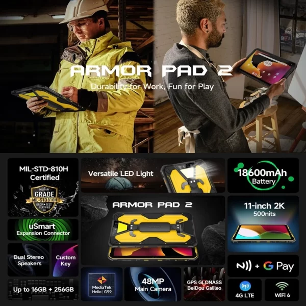 Ulefone Armor Pad 2 Sağlam Tablet , 11 "2K, 18600 mAh ,IP68/IP69K Android 13 NFC GPS 4G Tablet Endüstriyel Tablet