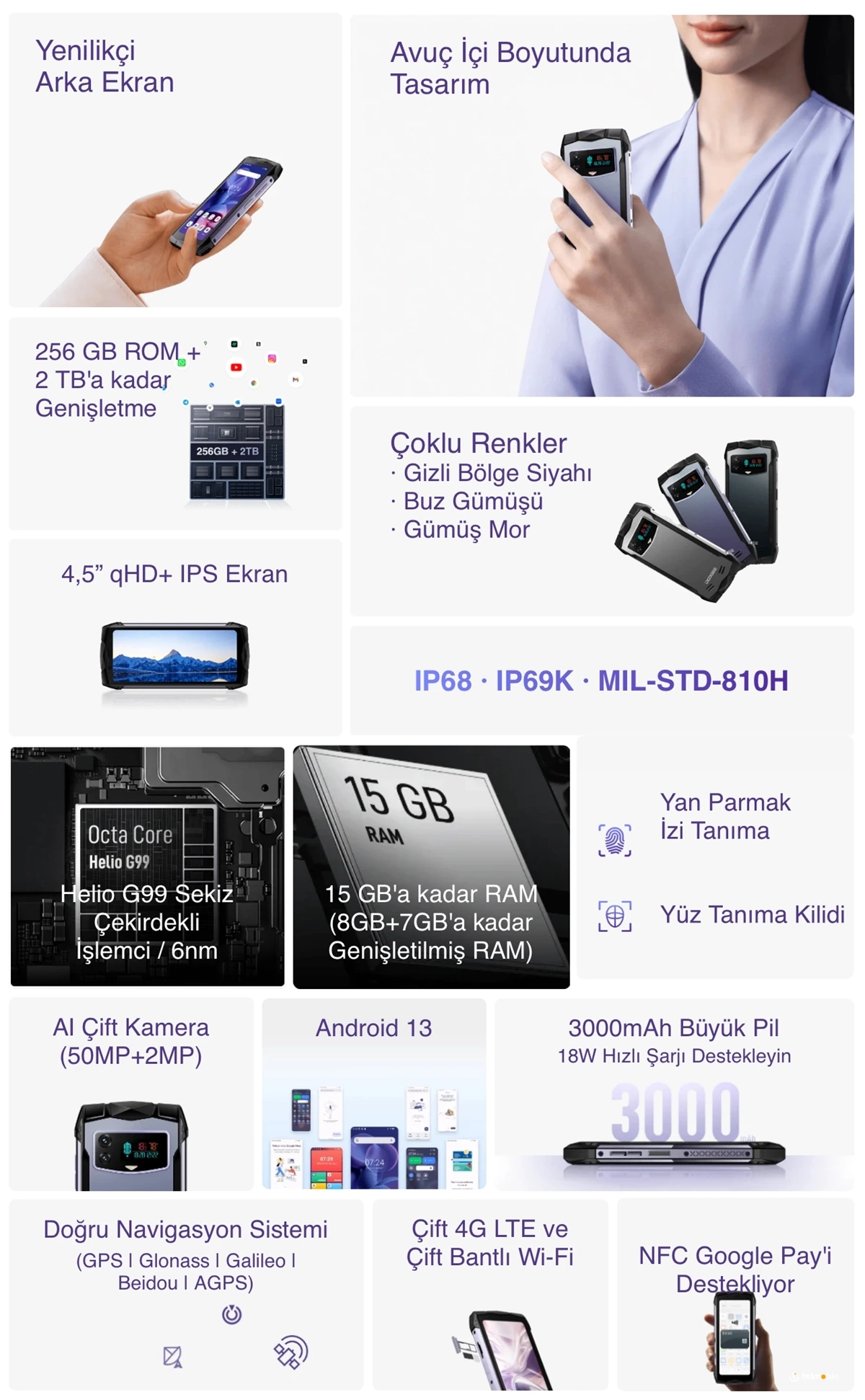 DOOGEE Smini mini Rugged Smartphone 15GB+256GB/ 2TB TF ve amp; Helio G99 İşlemci