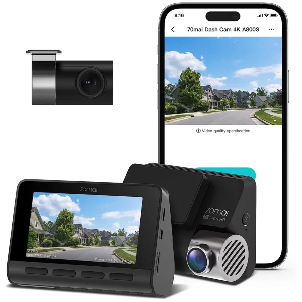 70mai A800S Gerçek 4K Araç Kamerası Çift Kamera Sony IMX415, Ön ve Arka, Dahili GPS, Süper Gece Görüşü, 3 inç IPS LCD, Park Modu, ADAS, Döngü Kayıt, iOS/Android Uygulama Kontrolü