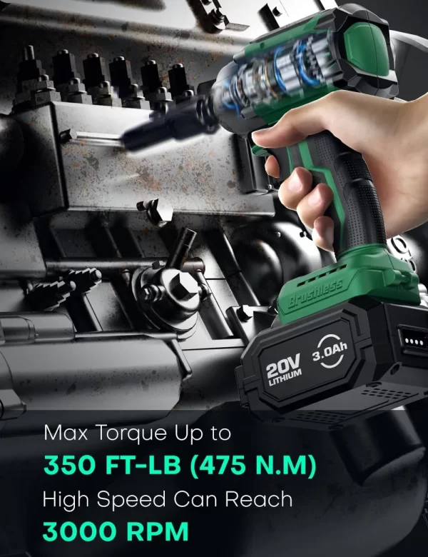 KIMO Akülü Darbeli Anahtar, 3000 RPM ve Maksimum Tork 350 ft-lbs (475N.m)
