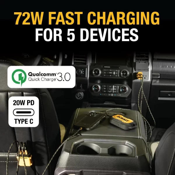 DEWALT 5 Portlu Ön ve Arka Koltuk Mobil USB PD 72W Araç Şarj Adaptörü