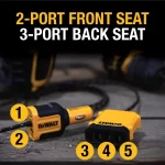 DEWALT 5 Portlu Ön ve Arka Koltuk Mobil USB PD 72W Araç Şarj Adaptörü