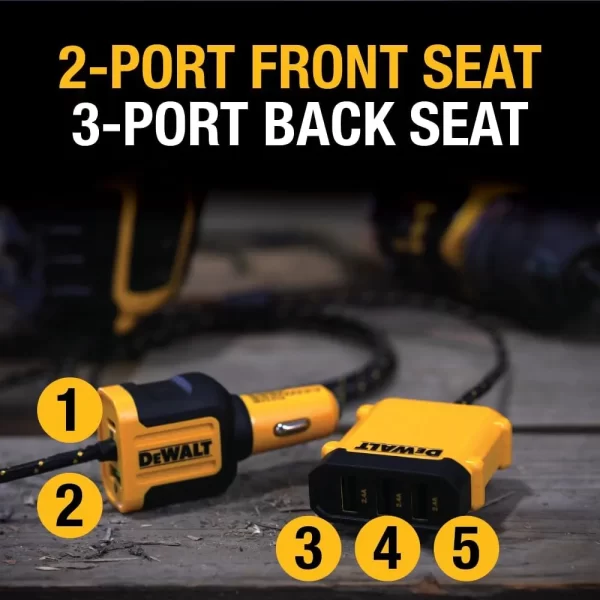 DEWALT 5 Portlu Ön ve Arka Koltuk Mobil USB PD 72W Araç Şarj Adaptörü