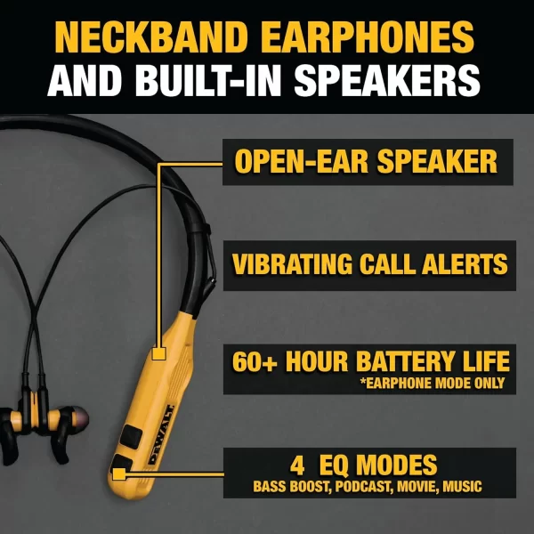 DEWALT 2'si 1 Arada Boyun Askılı Bluetooth Kulaklık Dahili Hoparlörler