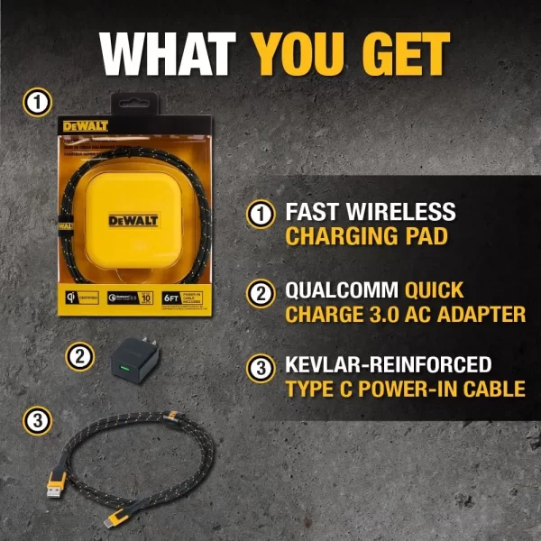 DEWALT Hızlı Kablosuz Şarj Pedi Tip C Kablo ve AC Adaptörü Dahil