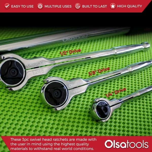 Olsa Tools 90T Döner Başlı Cırcırlı Anahtar Seti, 3 Parça