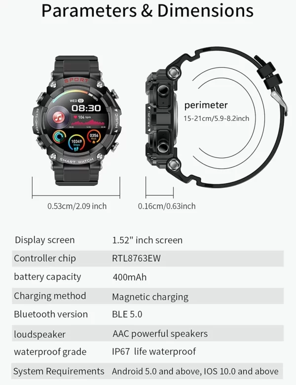 T96 Kulaklıklı Akıllı Saat 1.52" HD Ekranlı 3'ü 1 Arada Bluetooth Saat