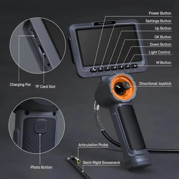 Teslong 360 Işıklı Eklemli Boroskop, 4 Yönlü Joystick Eklemli 5'' Monitörlü Endüstriyel Muayene Kamerası, Otomotiv, Boru ve Mekanik için HD Endoskop Kamerası (0,24 inç-5 FT)
