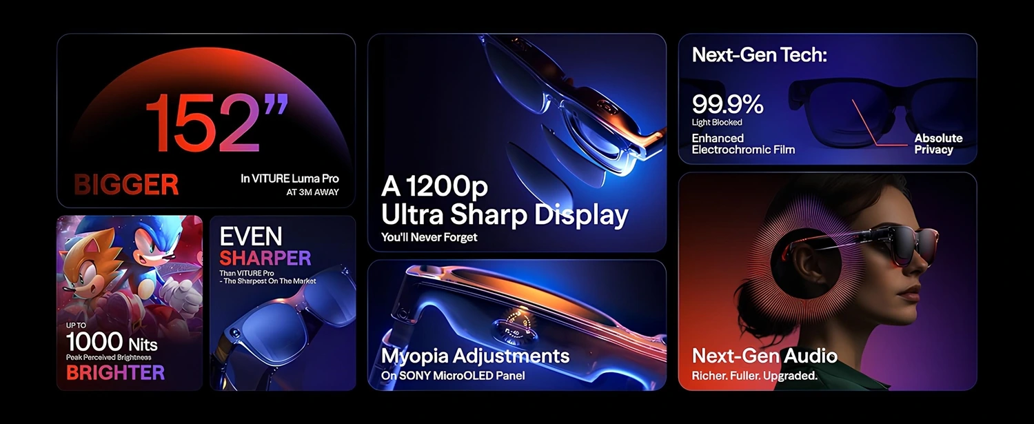 “VITURE Luma Pro XR Gözlük – 152 inç sanal ekran, 1200p ultra keskin görüntü, 1000 nit parlaklık ve gelişmiş elektrokromik film teknolojisiyle üst düzey XR deneyimi.”