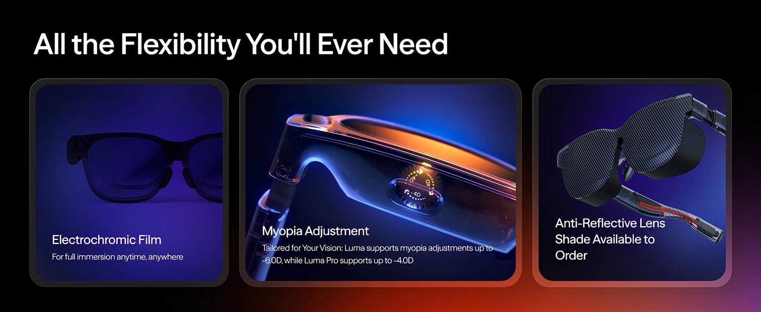 VITURE Luma Pro XR Gözlük – Elektrokromik film, miyopi ayarı ve yansımayı önleyen lens seçenekleriyle tam uyumlu esnek tasarım.