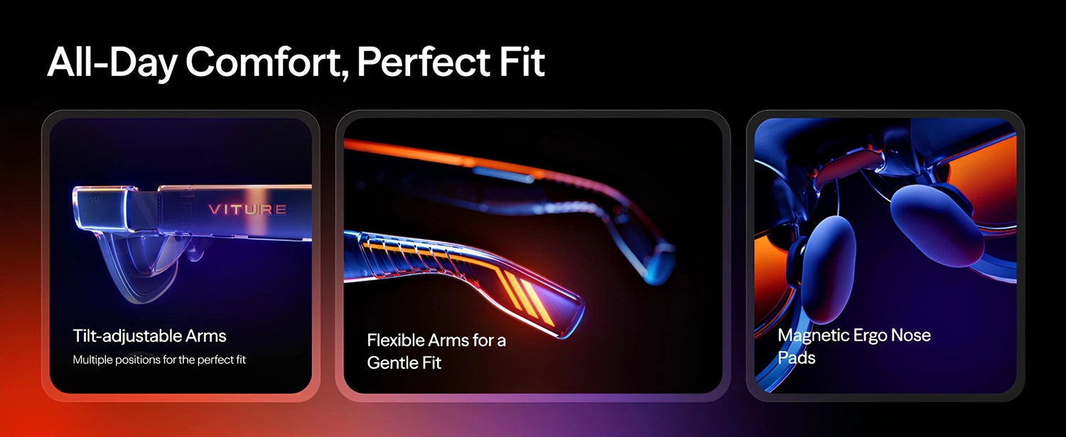 VITURE Luma Pro XR Gözlük – gelişmiş esnek kol ve manyetik burun pedi ile kişiselleştirilebilir uyumlu tasarım.
