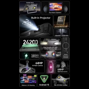 Ulefone Armor Pad 5 Ultra 5G 200LM Projeksiyon 24 mAh Batarya ARMOR PAD 5 ULTRA 56 Taşınabilir Projektör, Amiral Gemisi Performanslı 200LM Projektör Çift Çok Yönlü LED Işık ve Uyarı Işığı Boyut 7400X 64 MP Gece Görüşü 120 W Flaş Şarjı