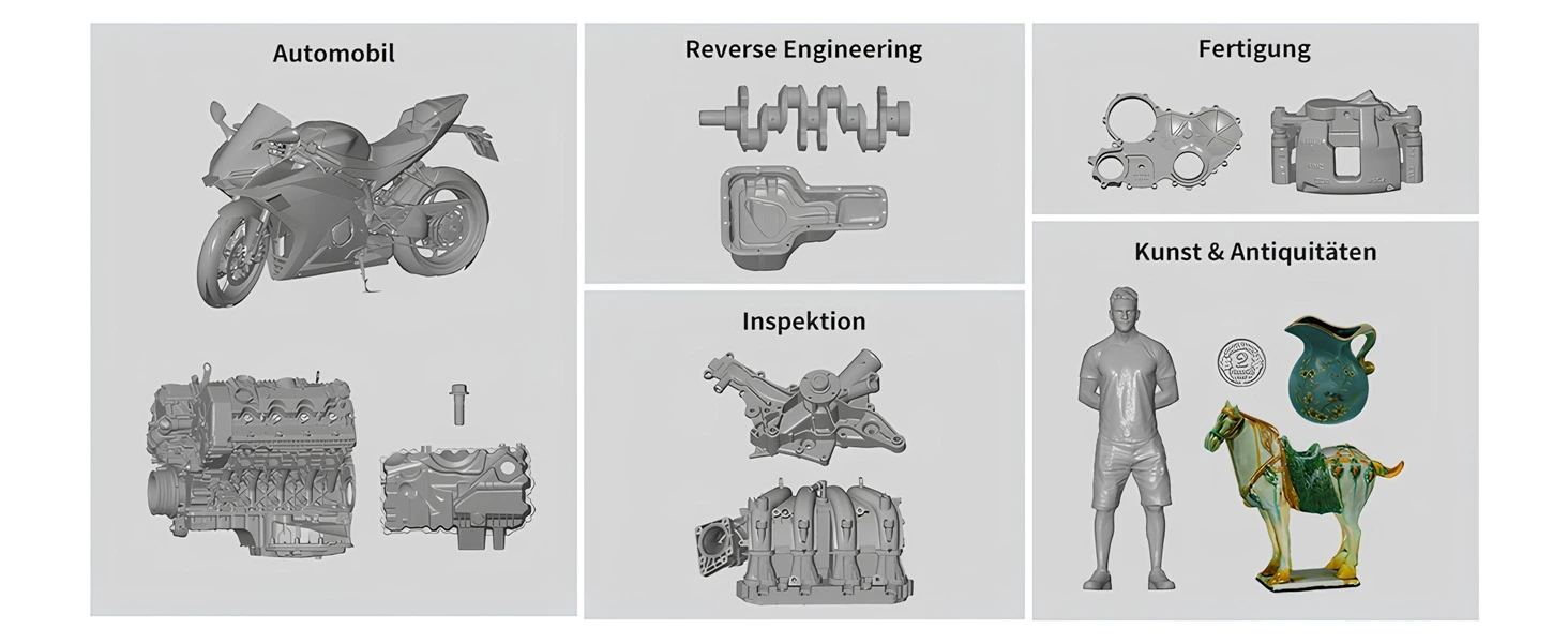 Kullanım alanları (otomotiv, tersine mühendislik, üretim, denetim, sanat ve antika) Bu görsel, Sermoon S1 ile taranmış farklı 3D modeller üzerinden cihazın profesyonel kullanım alanlarını anlatıyor. Otomotiv bölümünde motor ve motosiklet gibi büyük parçalar yer alırken, tersine mühendislik kısmında krank mili ve gövde parçaları gibi teknik bileşenler görünüyor. Üretim başlığında kalıp ve komponent taramaları, denetim bölümünde hassas mekanik parçaların kontrolü, sanat ve antika bölümünde ise heykel, sürahi ve insan figürü gibi kültürel ve sanatsal objelerin detaylı şekilde tarandığı gösteriliyor. Böylece cihazın hem endüstriyel hem de kültürel miras uygulamalarında güvenle kullanılabileceği vurgulanıyor.