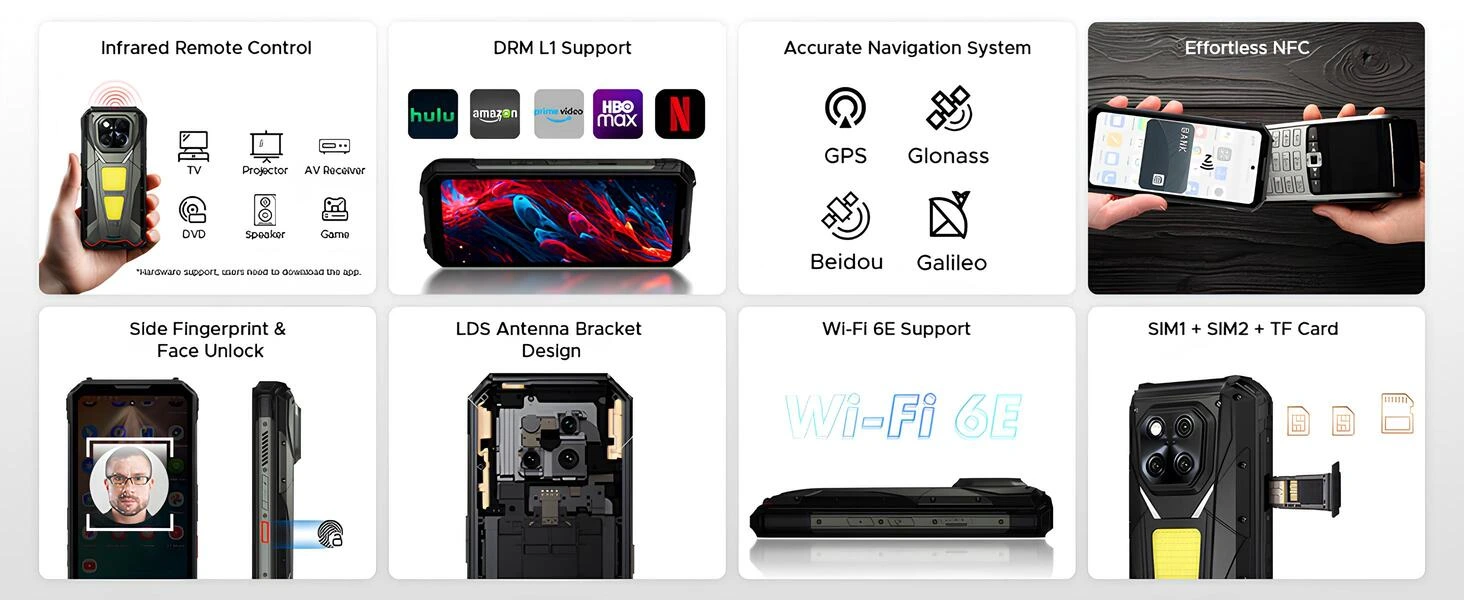 Kızılötesi Uzaktan Kumanda DRM L1 Desteği Doğru Navigasyon Sistemi Zahmetsiz NFC Yan Parmak İzi ve Yüz Tanıma Kilidi LDS Anten Teknolojisi Wi-Fi 6E Desteği SIM1 + SIM2 + TF Kart