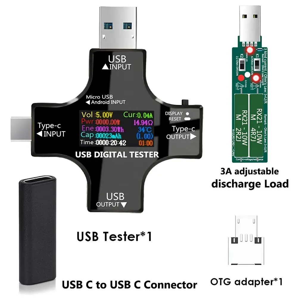 kj-kayji-usb-testcihazi-teknobincom_090108 USB dijital test cihazı, 3A ayarlanabilir deşarj yükü, USB-C dönüştürücü ve OTG adaptörü set içeriği