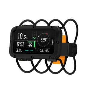 Suunto Nautic – dalış derinliği, yön pusulası ve güvenlik durak bilgileri gösteren geniş ekranlı bungee kayış tasarımı"