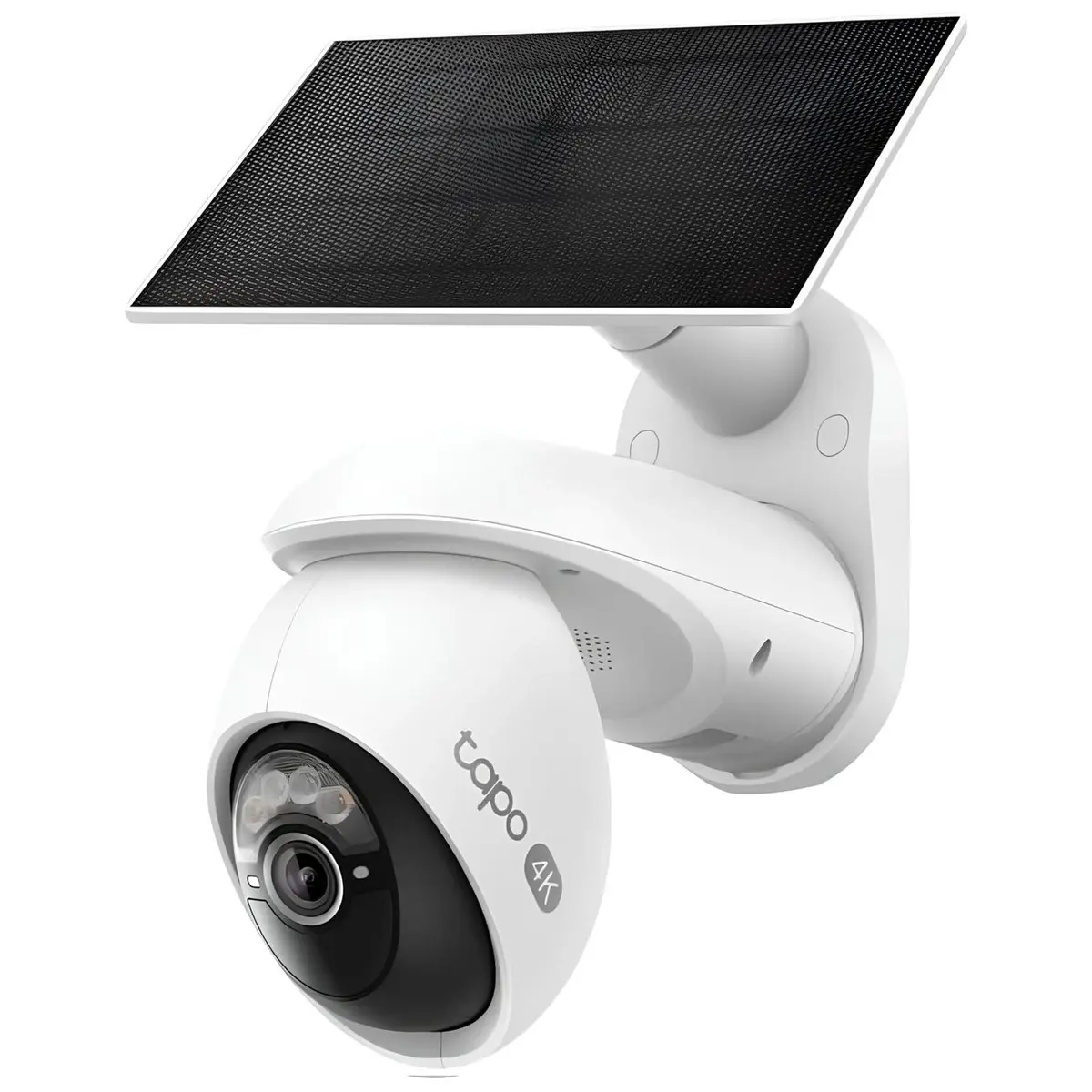 tapo-4k-kablosuz-dismekan-kamerasi-pantilt-solar-kamera-ev-ofis-guvenligi-teknobincom_900210 Tapo 4K kablosuz pan-tilt 360 dış mekân kamerası, duvar aparatı ve güneş paneliyle birlikte yakın plan beyaz renkli görünüm.