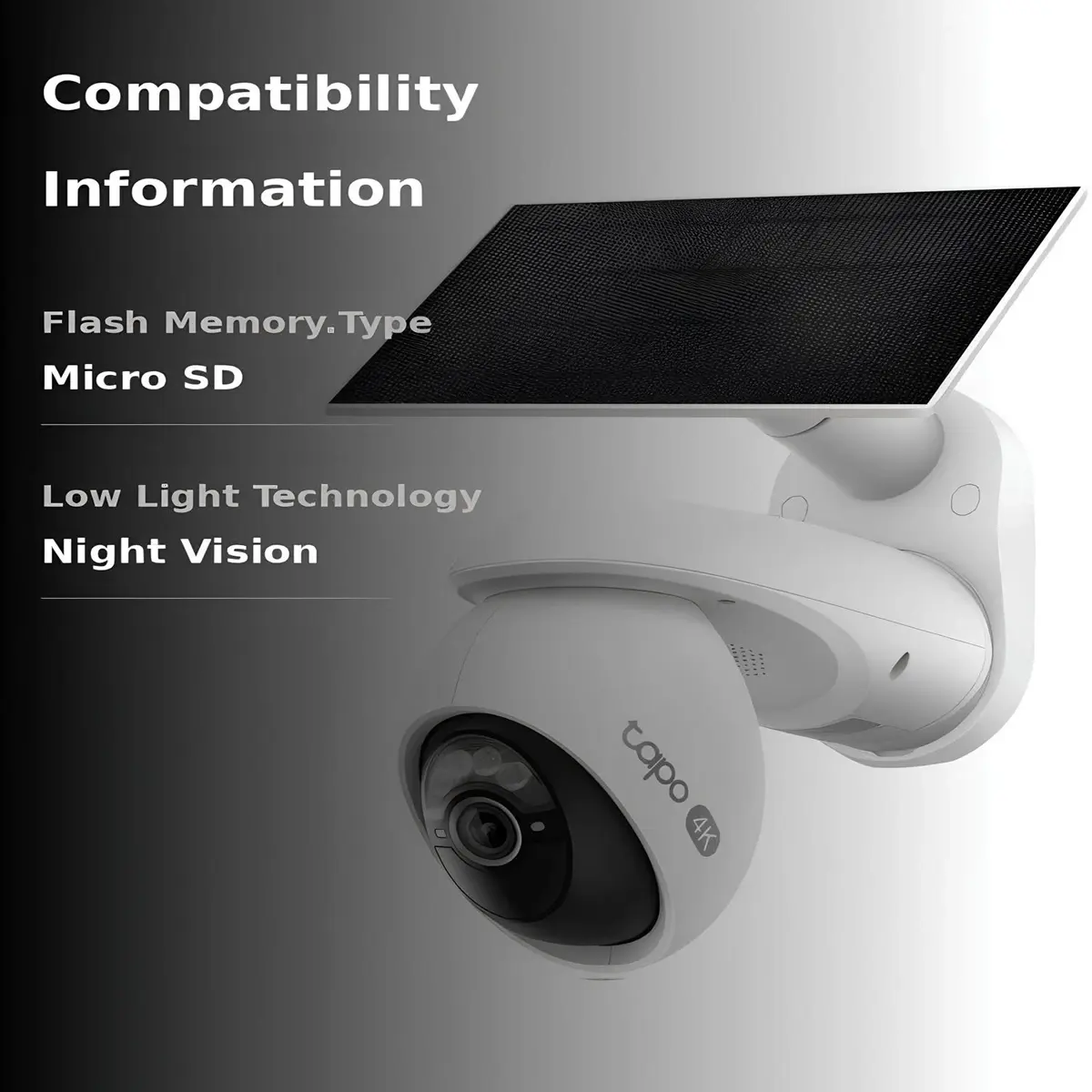 tapo-4k-kablosuz-dismekan-kamerasi-pantilt-solar-kamera-ev-ofis-guvenligi-teknobincom_9002102 Tapo 4K kablosuz pan-tilt 360 dış mekân kamerası için uyumluluk bilgilerini gösteren görsel; Micro SD hafıza kartı desteği ve düşük ışıkta gece görüş teknolojisi vurgulanıyor.