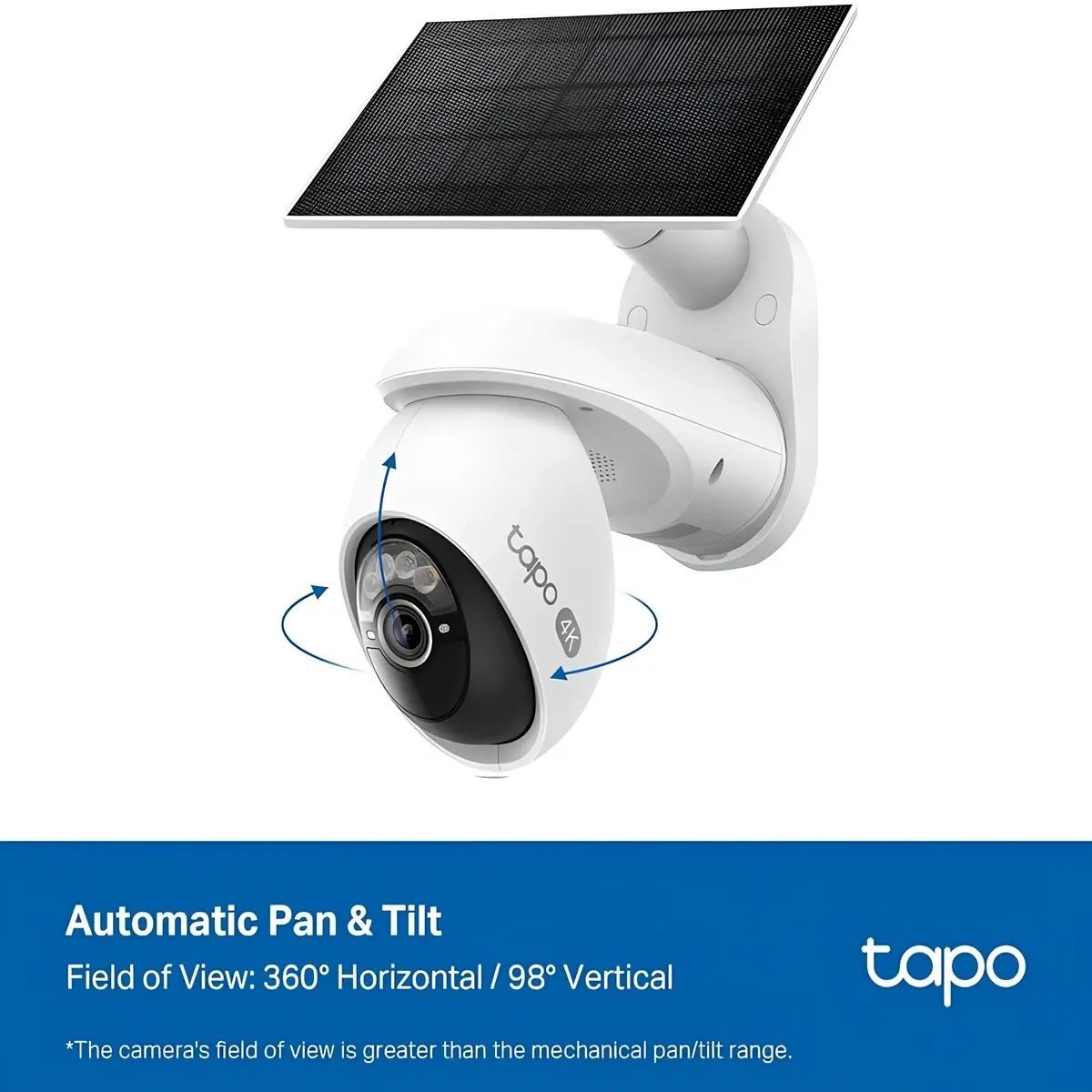 tapo-4k-kablosuz-dismekan-kamerasi-pantilt-solar-kamera-ev-ofis-guvenligi-teknobincom_9002103 Tapo 4K kablosuz pan-tilt 360 dış mekân kamerası, 360° yatay ve 98° dikey görüş alanına sahip otomatik pan-tilt hareketini oklarla gösteren açıklayıcı görsel.
