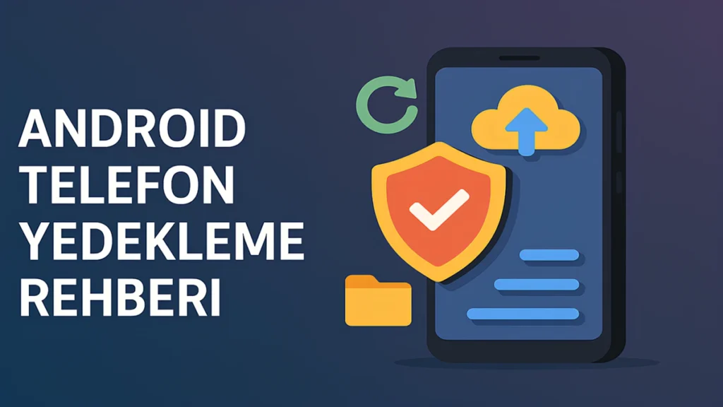 Android telefon yedekleme rehberi görseli – bulut yedekleme, güvenlik kalkanı ve akıllı telefon simgeleri (teknobin.com)
