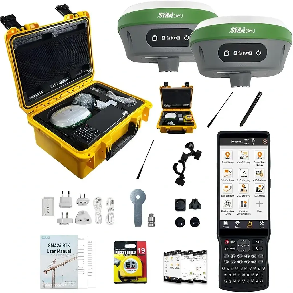 teknobin-imagess-product-sma26pro-rover-base-rtkgnss-teknobincom-37010 İki GNSS alıcısı (Rover ve Base), Android el terminali, Sarı sert taşıma kutusu, Şarj adaptörleri, antenler, kablolar, kullanım kılavuzu, ölçü bandı vb