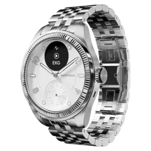 Withings ScanWatch Nova Brilliant hibrit akıllı saat, kalp sağlığı, M&F - EKG, SPO2, sıcaklık izleme, uyku izleme, solunum yolu sağlığı, döngü takibi, 30 gün pil ömrü, iOS ve Android için çelik renk modeli