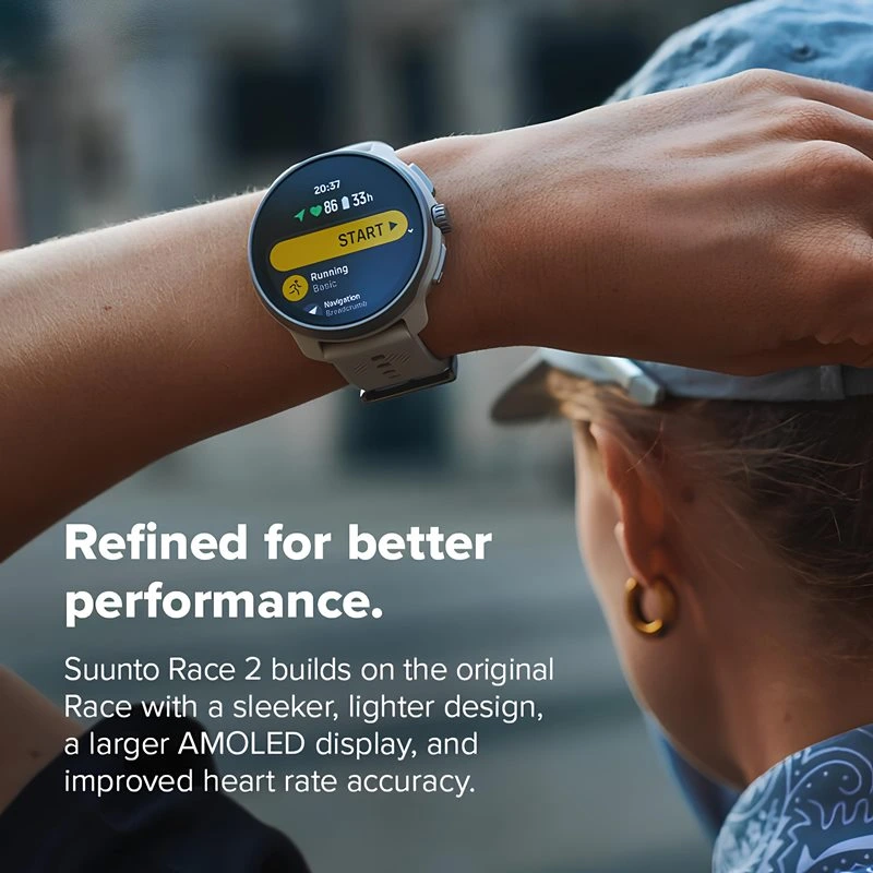 teknobinglobal-suunto-race-2-coral-orange-perspective-quarter-230e Turuncu arka plan üzerinde Suunto Race 2’nin öne çıkan özellikleri listelenmiştir: AMOLED ekran, 16 güne kadar pil ömrü, 115+ spor modu ve gelişmiş Suunto Coach desteği.