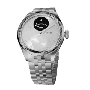 Withings ScanWatch – Yandan görünümde ince profil, paslanmaz çelik gövde ve konforlu metal bileklik tasarımı.