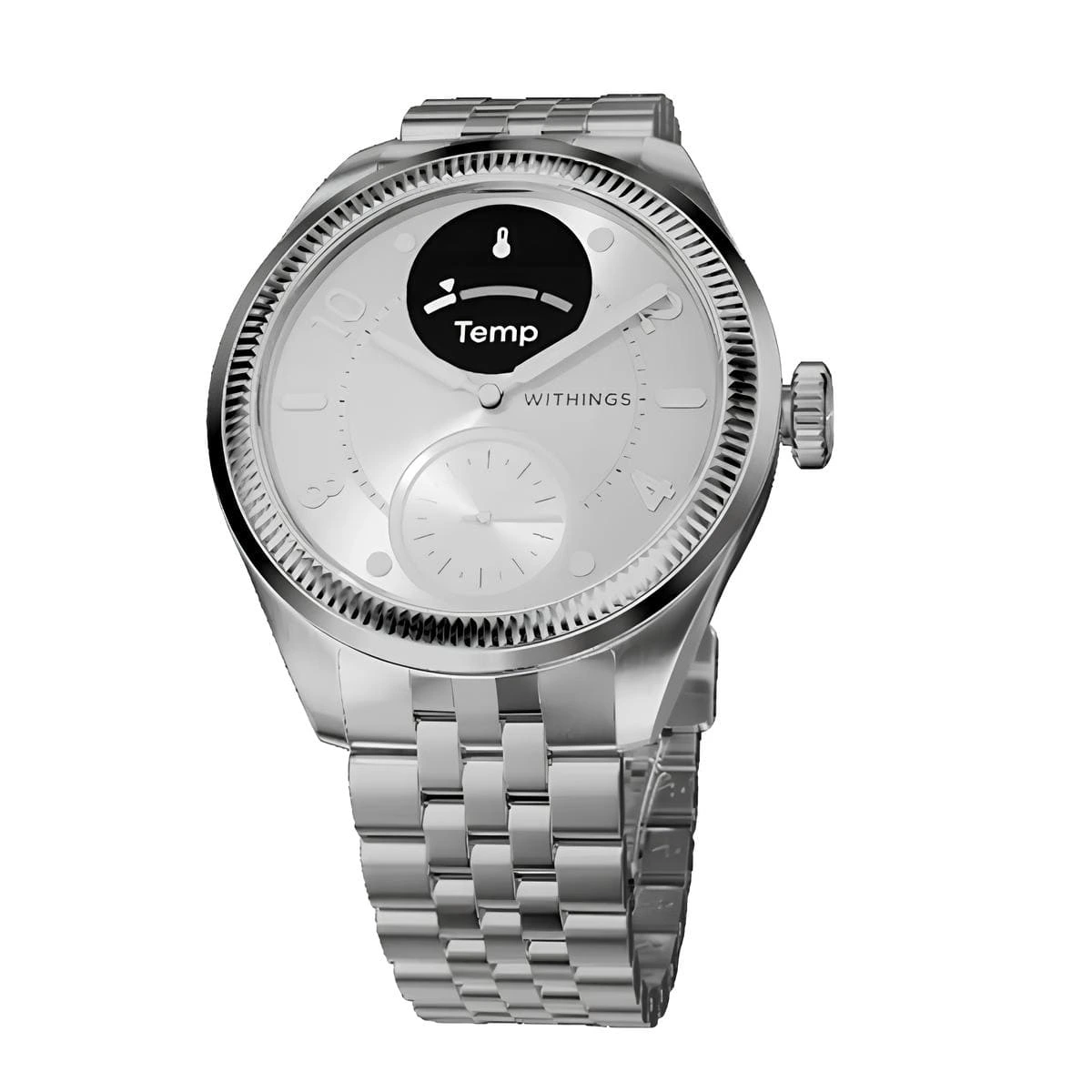 withings-scanwatch-health-smartwatch-withings-brilland-premium-series-8 Withings ScanWatch – Yandan görünümde ince profil, paslanmaz çelik gövde ve konforlu metal bileklik tasarımı.