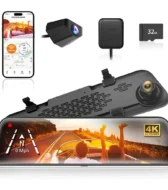 WOLFBOX G840S 12 inç 4K ayna tipi araç kamerası, ön kamera, arka kamera, GPS modülü ve mobil uygulama görüntüsü