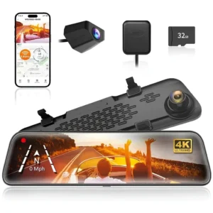 WOLFBOX G840S 12 inç 4K ayna tipi araç kamerası, ön kamera, arka kamera, GPS modülü ve mobil uygulama görüntüsü