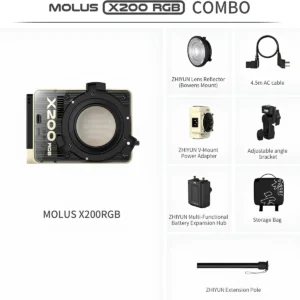 ZHIYUN Molus X200 RGB Combo kutu içeriği – lens reflektör, V-Mount adaptör, HUB, çanta – Teknobin