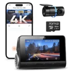 70mai A810 4K çift kameralı araç kamerası ana ünite, ön kamera, arka kamera ve mobil uygulama ekranı