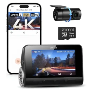 70mai A810 4K çift kameralı araç kamerası ana ünite, ön kamera, arka kamera ve mobil uygulama ekranı