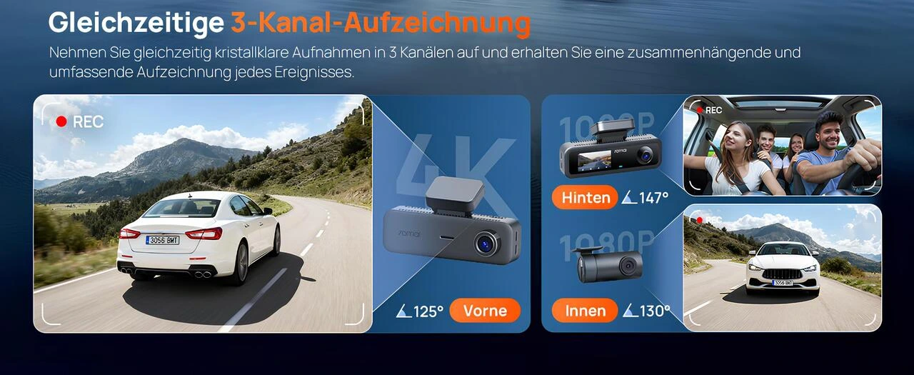 70mai T800E Üç Kanallı Koruma - 2160P 4K Ön 1080P İç ve Arka Kamera Çözünürlüğü