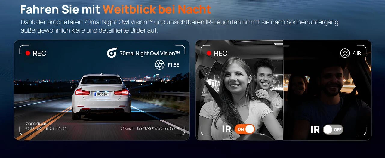 70mai Night Owl Vision gece görüşü, görünmez IR ile daha net kayıt