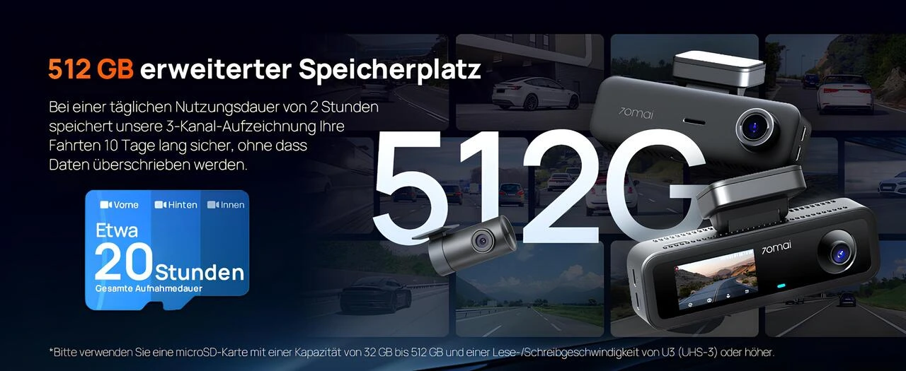 70mai T800E 512GB destek, 3 kanal kayıtla 10 gün saklama örneği