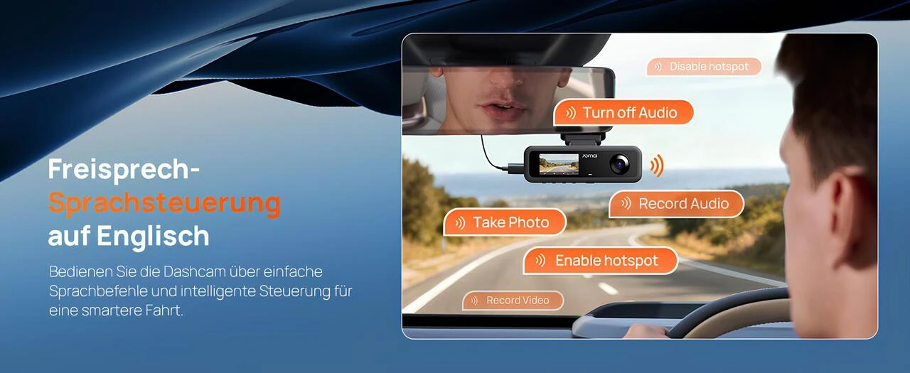 70mai T800E İngilizce sesli komutla hands-free dashcam kontrolü