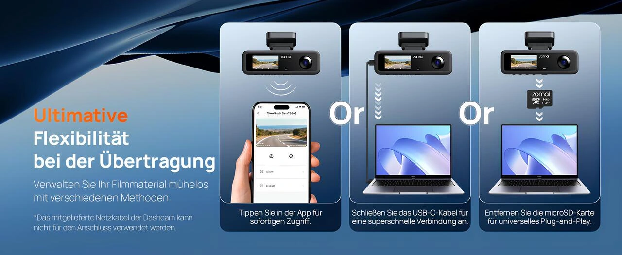 70mai T800E video aktarımı uygulama USB-C ve microSD seçenekleri