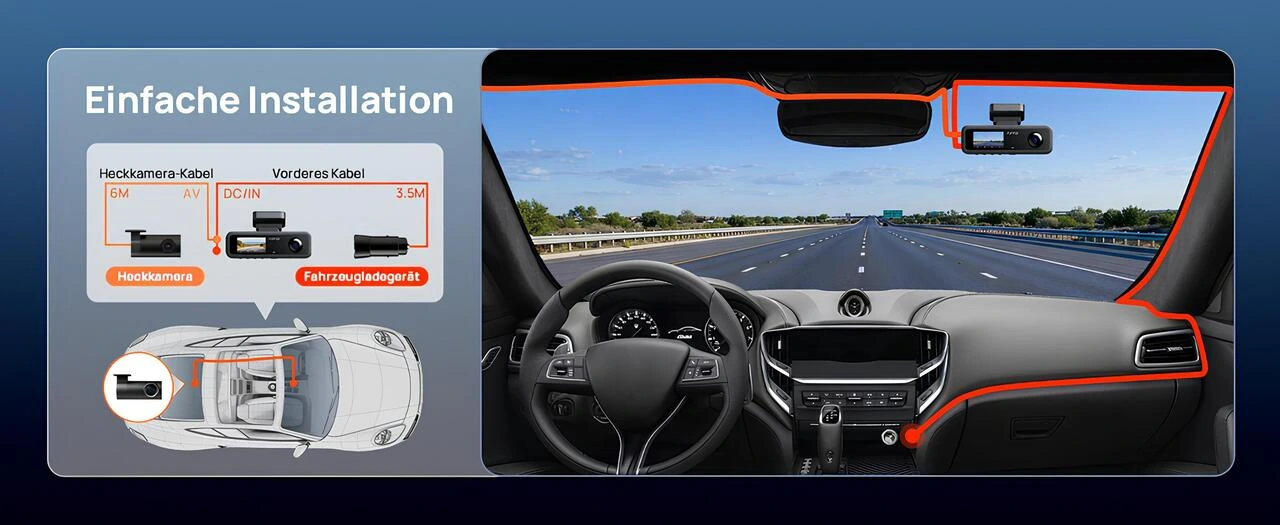 70mai T800E kolay kurulum şeması; ön kablo, arka kamera kablosu ve araç şarjı