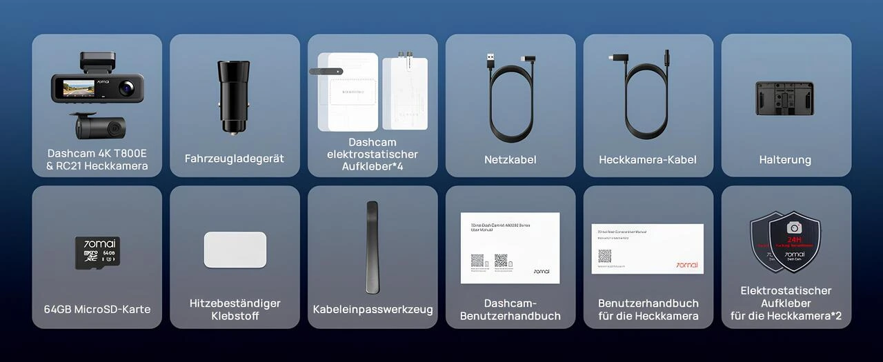 70mai T800E kutu içeriği; dashcam, arka kamera, kablolar, 64GB microSD ve kılavuzlar