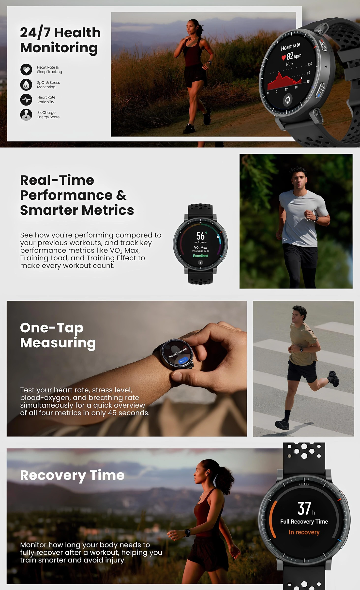 Amazfit Active Max akıllı saat, 24/7 sağlık takibi, gerçek zamanlı performans ölçümleri, tek dokunuşla ölçüm ve toparlanma süresi takibi özellikleri