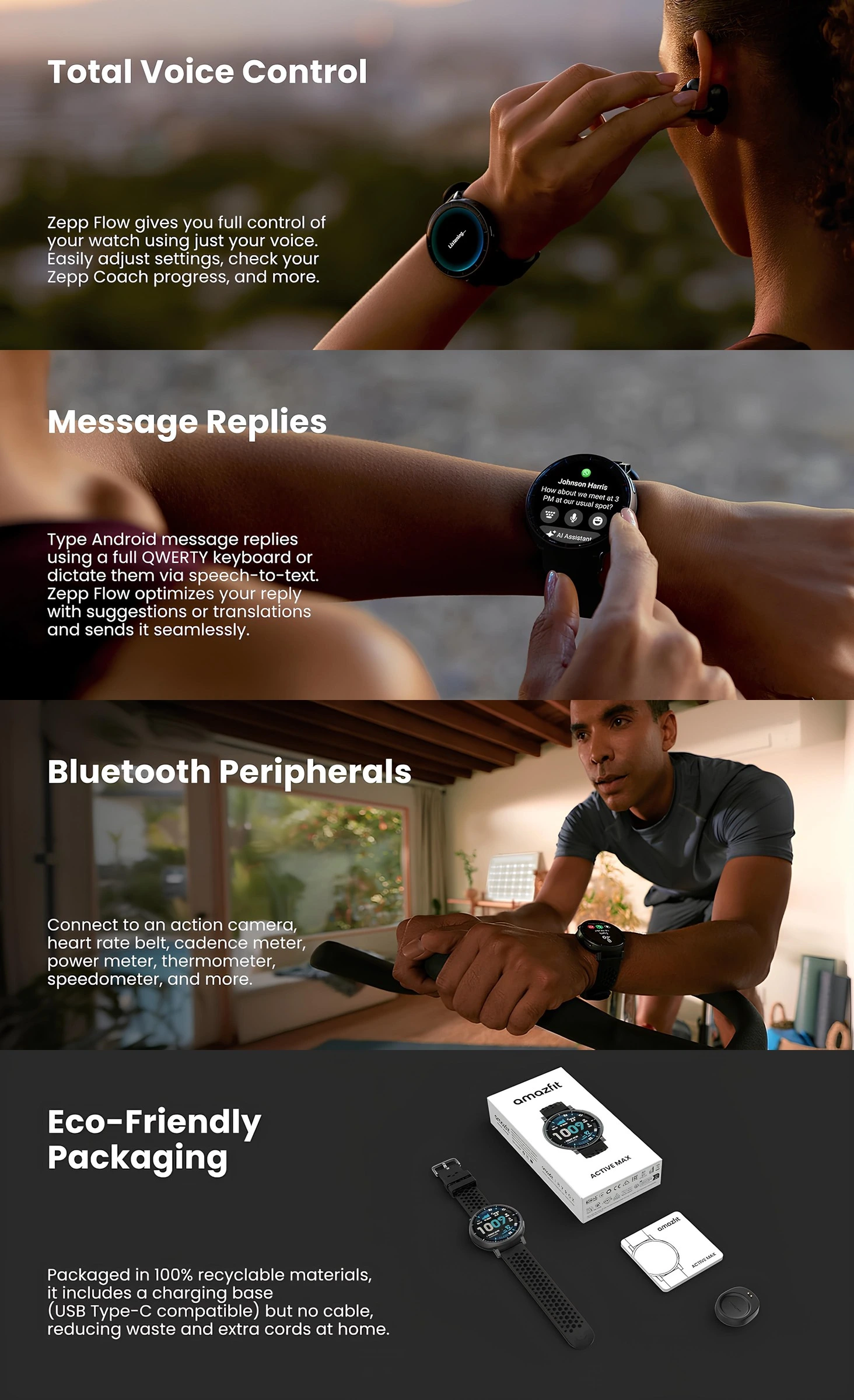 Amazfit Active Max akıllı saat, Zepp Flow sesli kontrol, Android mesaj yanıtlama, Bluetooth çevre birimleri desteği ve çevre dostu ambalaj özellikleri