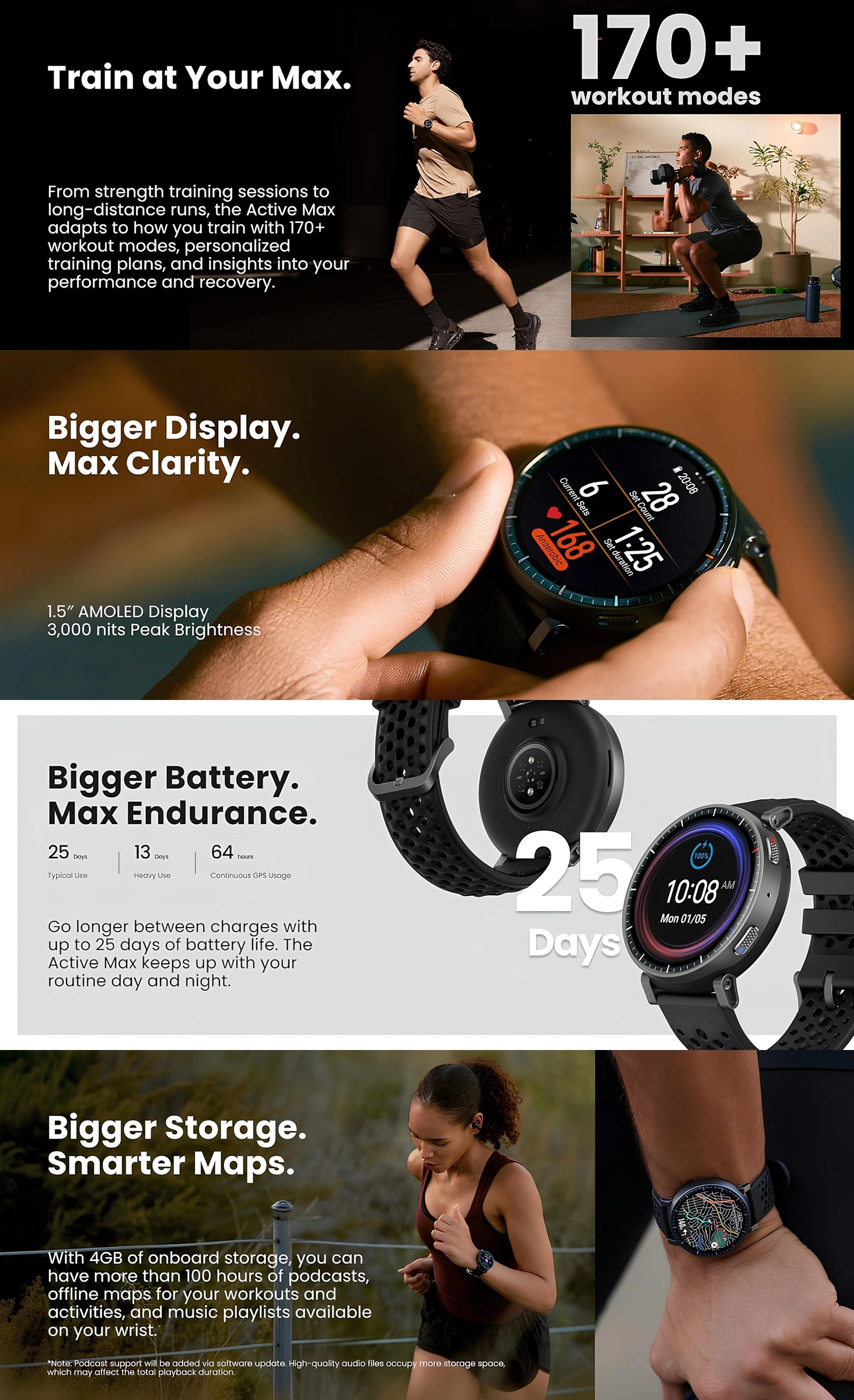 Amazfit Active Max akıllı saat, 170+ antrenman modu, 1,5 inç AMOLED ekran, 25 gün pil ömrü ve 4 GB dahili depolama özellikleri